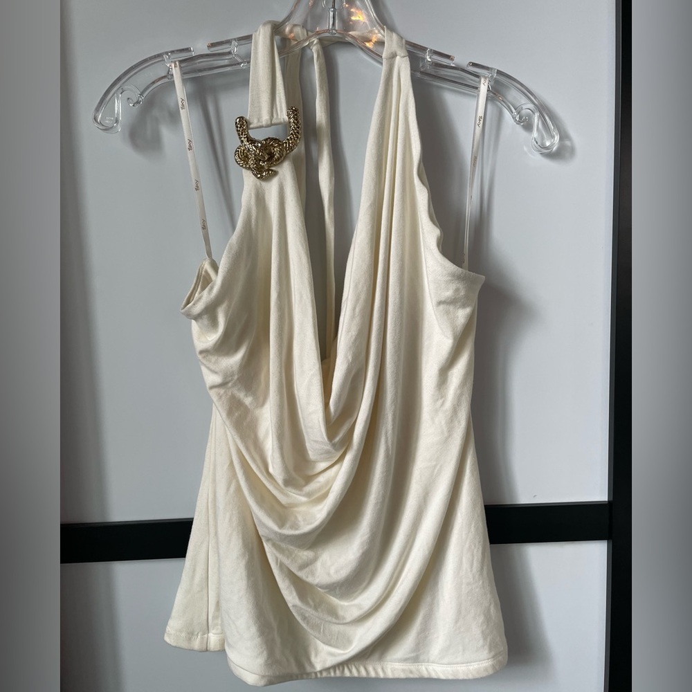Sky White Women's Stretch Halter Top With Gold Metal Serpent Shoulder Detail